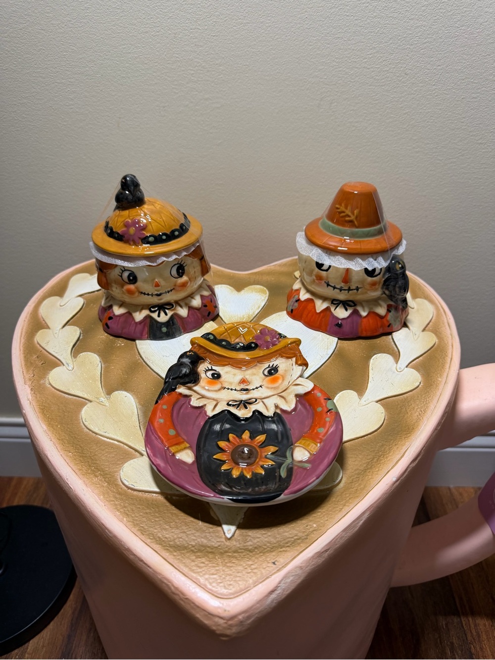 Set of Johanna Parker Fall Boy & Girl Scarecrow Lidded Bowls & Spoon Rest